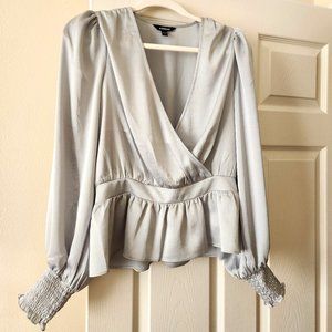 Satin Faux Wrap Peplum Blouse